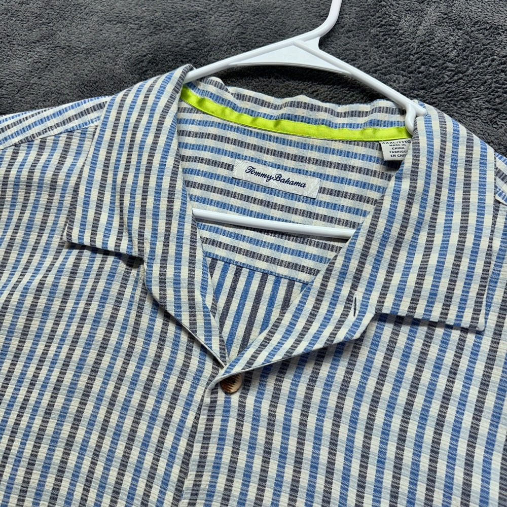 Tommy Bahama Button Down Shirt Mens XXXL Blue Striped Silk Cotton Camp Collar